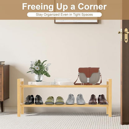 Haddockway Bamboo Shoe Rack for Closet, Free Standing Shoe Organizer with Smooth Round Rods & Convenient Handles, Stackable Shoe Storage Shelf for Entryway, Hallway(Natural, 2-Tier)