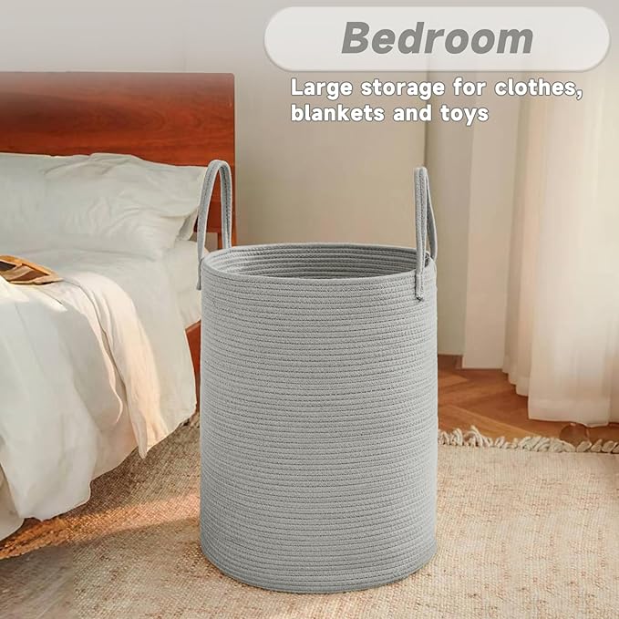 JMvicyroam Large Woven Laundry Basket Hamper,80L Cotton Rope Storage Bin for Blankets,Toys and Clothes,Decorative Tall Nursery Hamper for Living Room,Baby Nursery,Bathroom and Bedroom,Grey