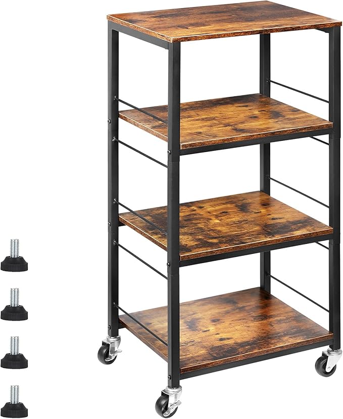 CADUKE Rolling Kitchen Cart Industrial Serving Cart 4 Tier Wood Utility Island on Wheels Rolling Bar Cart with Storage Farmhouse Microwave Table Serving Trolley Stand for Bathroom Living Room, Brown
