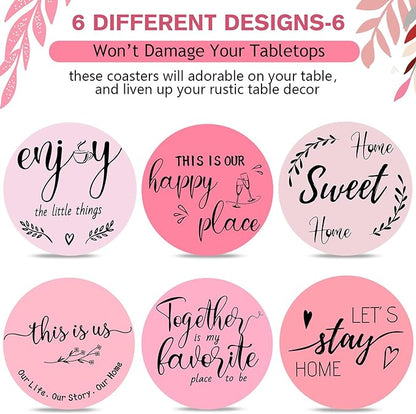 Queekay Coasters Set of 6 House Warming Gifts New Home Wooden Farmhouse Drink Coasters with Holder 4'' Funny Decoration for Kitchen Family Coffee Bar Tabletop Protection(Pink)