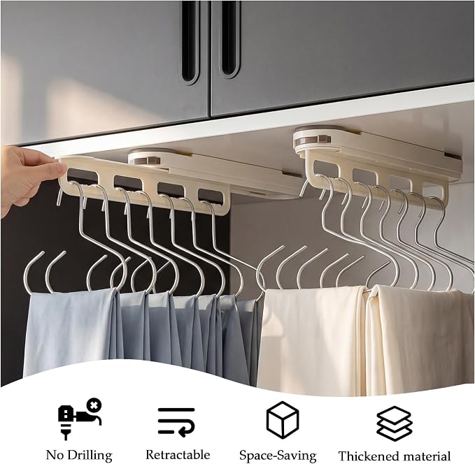 Pull Out Closet Rod, Suction Cup Valet Rod for Closet, No Drilling Extendable Closet Hanger Organizer, Sliding Wardrobe Clothing Rail, 14 Inch, Beige