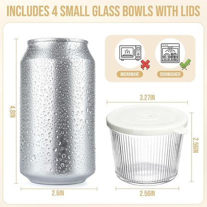 4 Sets Small Glass Bowls with Lids 6.8oz Ribbed Clear Glass Containers Stackable Dessert Custard Pudding Cups Condiment Bowls for Sauces Dips Nuts Oats Candy Dessert Cereal