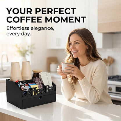 Coffee Bar Organizer for Countertop - Wooden Coffee Organizer Condiment Station, Coffee Station Organizer for Home & Office, K Cup Stand for Counter, Tea Box - Black Drawer Type