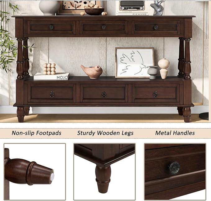 KEIKI 54”L Pine Solid Wood Entryway Console Table with 6 Storage Drawers, Vintage Behind Couch Sofa Table with 2 Tiers Open Shelf for Hallway, Entrance, Entry Way, Living Room, Foyer