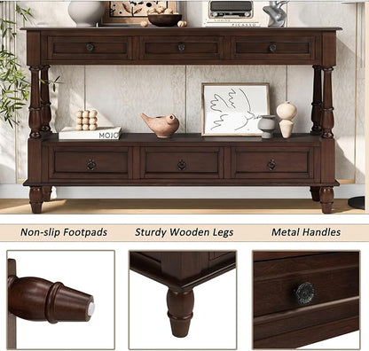 KEIKI 54”L Pine Solid Wood Entryway Console Table with 6 Storage Drawers, Vintage Behind Couch Sofa Table with 2 Tiers Open Shelf for Hallway, Entrance, Entry Way, Living Room, Foyer