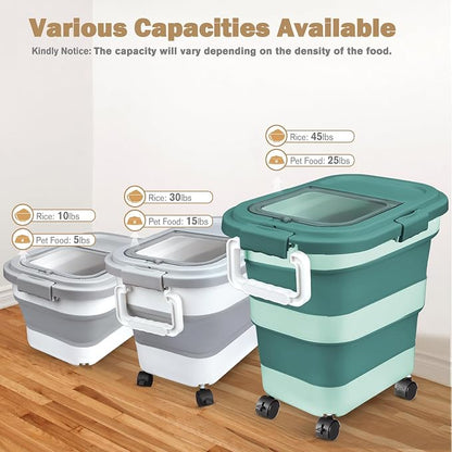 Komzon Rice Storage Container, Collapsible Airtight 10-40 Lb Rice Storage Container, 25lb Pet Dog Food Storage Container, Rice Dispenser Bin with Cup and Scoop for Flour Cereal Pasta Grain, Cat Bird