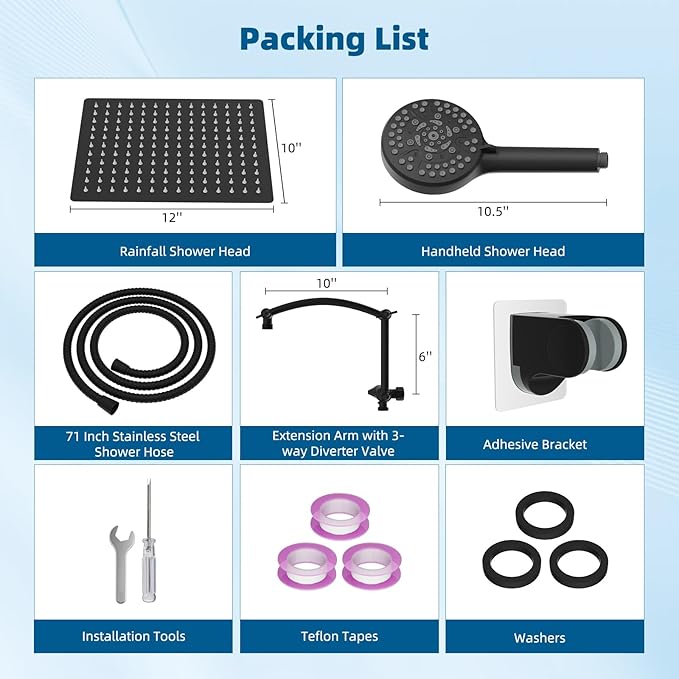Hibbent All Metal cUPC Certified Shower Head, 12'' High Pressure Rain Shower Head, Handheld Showerhead Combo with 16'' Adjustable Extension Arm, 10 Sprays, 71'' Hose, Showerhead Holder, Matte Black