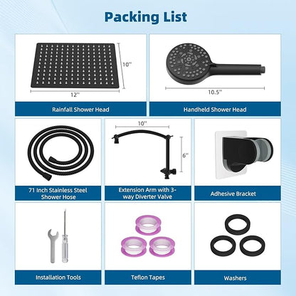 Hibbent All Metal cUPC Certified Shower Head, 12'' High Pressure Rain Shower Head, Handheld Showerhead Combo with 16'' Adjustable Extension Arm, 10 Sprays, 71'' Hose, Showerhead Holder, Matte Black