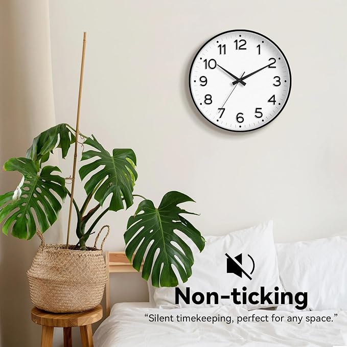 Roymnie Wall Clock 12 Inch Silent Wall Clocks Battery Operated-Modern Non Ticking Analog Clock Decorative for Kitchen Bedroom Office (Black)