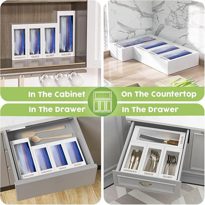 DALSHABET Bamboo Storage Bag Organizer for Kitchen Drawer, 4 Separate Food Storage Bag Organizer, 12x14 Baggie Organizer Dispenser for All Brands Gallon, Snack, Sandwich & Quart Slider Bags White