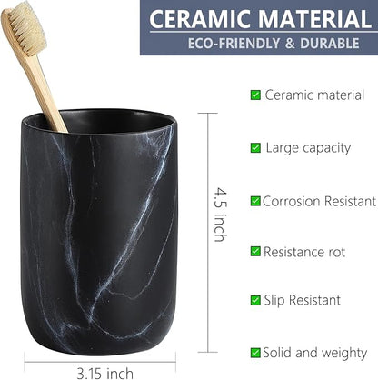 Black Marble Toothbrush Holder - Ceramic Toothbrush Holders for Bathrooms Toothbrush Toothpaste Holders Set, Black Bathroom Tumbler Cups Reusable Toothbrush Mouthwash Cup, Bathroom Counter Organizer.