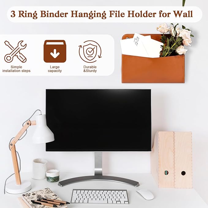 3 Pcs PU Leather Mail Holder Wall Mount Brown PU Leather Letter Holder Vintage Wall File Organizer 2 Ring Binder Hanging File Holder for Decor Storage Letter Postcards Bill Flowers Office Home