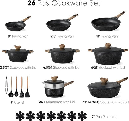 CAROTE 26PCS Pots and Pans Set Non Stick, Cookware Set Pots and Pans Induction Cook Ware, Nonstick Kitchen Cooking, PFOA Free, Black