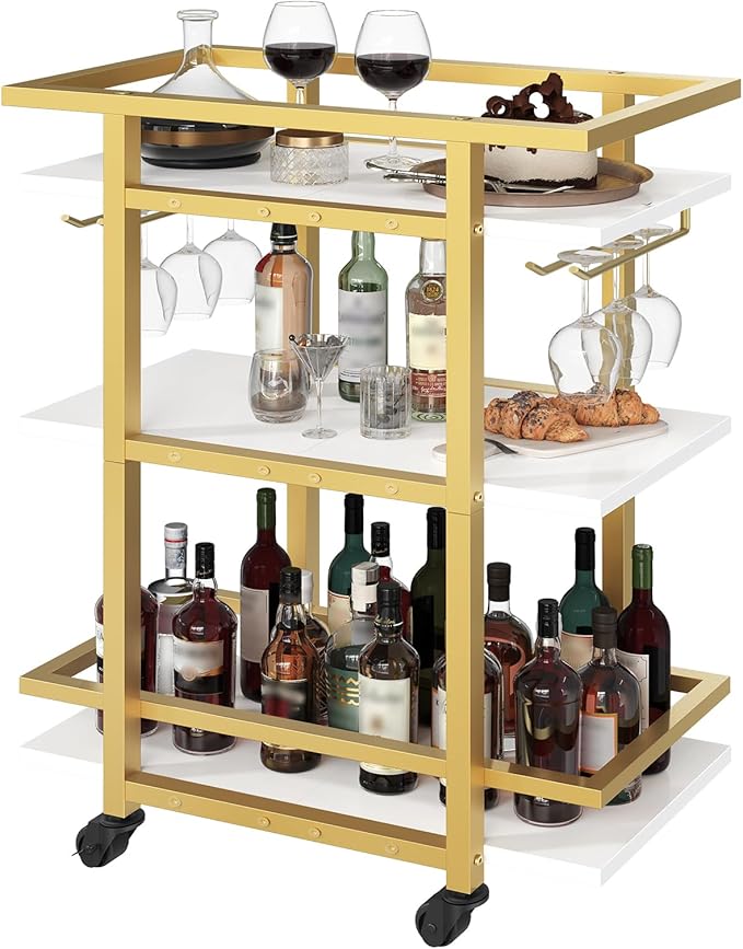 3 Tier Bar Cart, Home Bart Serving Cart with Glass Holders, Rolling Beverage Cart, Mobile Kitchen Shelf, for Home, Garden, Party, Gold BC19DW