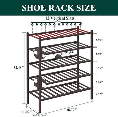 Smiry Bamboo Shoe Rack, 5 Tier Free Standing Wooden Shoe Organizer, Stackable Wood Shoe Storage Shelf for Closet, Entryway, 12 Vertical Slats, 2+2+1 Stack Standard Legs, 26.8"x11"x32.5", Brown