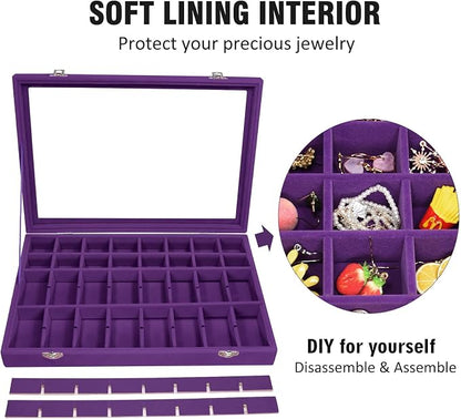 Vicoter Velvet Jewelry Tray 48 Compartments Jewelry Display Organizer with Transparent Cover Rings, Earrings, Necklaces, Pendants Storage Box for Girls, Wives, Mothers, Women