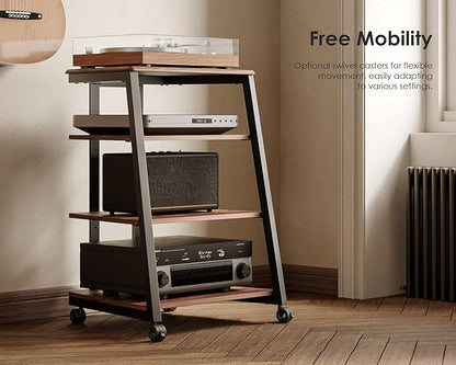 FITUEYES 4-Tier AV Media Stand Corner Shelf for Record Player Wooden Stereo Cabinet Audio Rack Tower with Height Adjustable Wooden Shelves for ps4 (Walnut)