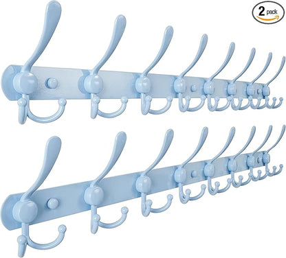 Dseap Coat Rack Wall Mount - 29.5” Long 8-Tri-Hooks Heavy Duty Coat Hanger Rail Wall Hooks for Hanging Coats Hats Clothing Clothes Purse Mudroom Entryway, Blue, Pack of 2