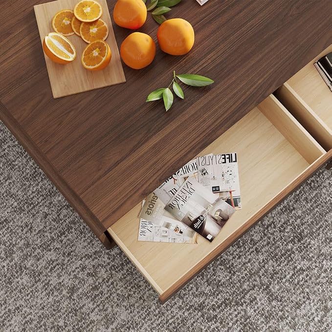 POVISON Mid Century Coffee Table with 4 Drawers,51” Rectangle Wood Coffee Table for Living Room, Fully Assembled, Walnut