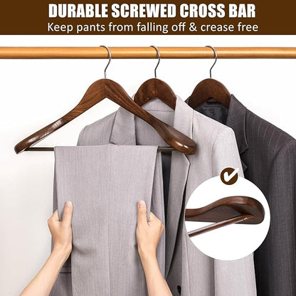 Amber Home 6 Pack Walnut Wide Shoulder Wooden Suit Coat Hangers with Non Slip Pants Bar, Solid Wood Jacket Clothes Hangers Smooth Finish for Sweater, Pants, Heavy Clothes (Walnut, 6 Pack)