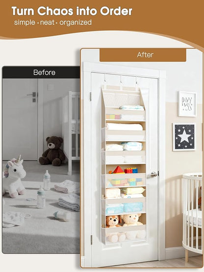 Criusia 2 Pack Over the Door Organizer, 6-Shelf Closet Hanging Storage with 13 Mesh Pockets, 55lbs Capacity Behind the Door Storage for Baby Nursery, Bathroom, Bedroom, and Dorm, Beige