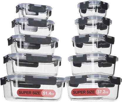 coccot Glass Food Storage Containers with Lids Airtight, Glass Meal Prep Containers for Lunch Food, Container Set, Easy to Open& Close/Microwave,Oven,Freezer,Dishwasher Safe/Leak-Proof（20 Pieces）