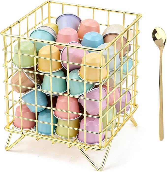 Countertop Organizer Coffee Pod Holder with Ice Tea Spoon, Modern Metal Storage Basket Tabletop Decorative Kitchen Office Bar Accessories for Hold K-cups Coffee Capsules Tea Bags(COLOR:Gold)
