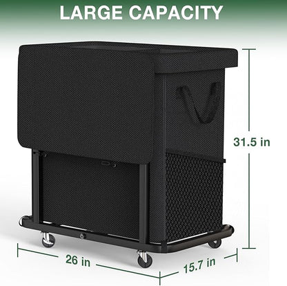 50 Gal(190L) Laundry Basket with Lid, Rolling Laundry Hamper with Wheels, Dirty Clothes Hamper with Metal Frame and Removable Bag Design, Suitable for Laundry Room, Bedroom(Black, 2 Section 190L)