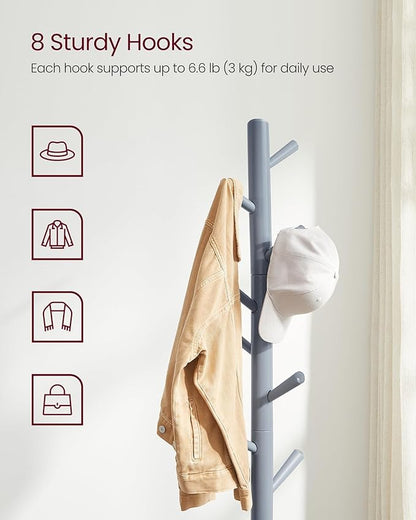 VASAGLE Solid Wood Coat Rack, Free Standing Tree-Shaped Coat Rack with 8 Hooks, 3 Height Options, for Clothes, Hats, Bags, Living Room, Bedroom, Home Office, Gray URCR04GY