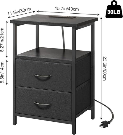 Fixwal Black Night Stand with Charger Station, Nightstand with Charging Station & Fabric Drawers