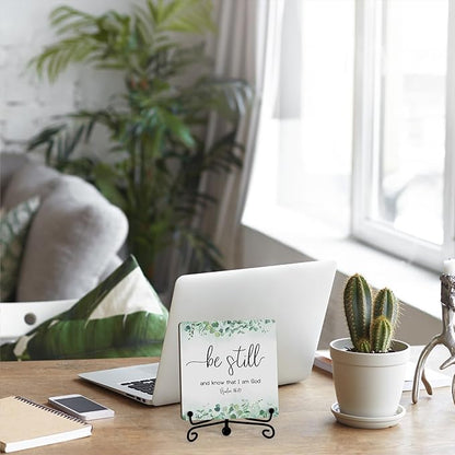 Inspirational Christian Desk Decor, Be Still And Know That I Am God Eucalyptus Sign, Desk Decorations For Office Home Living Room Bathroom, Eucalyptus Shelf Decor, Wooden Plaque With Stand (07)