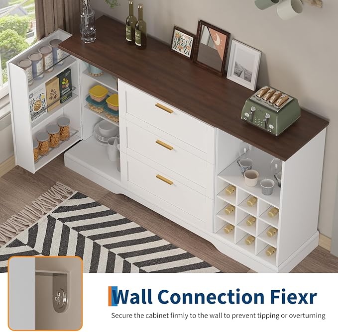 63 Inch Farmhouse Sideboard Buffet with Drawer Adjustable Shelves,Kitchen Island with Door-Back Rack for Snacks,Coffee Bar Buffet with Wine Racks Storage for Kitchen Entryway White and Walnut
