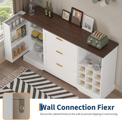 63 Inch Farmhouse Sideboard Buffet with Drawer Adjustable Shelves,Kitchen Island with Door-Back Rack for Snacks,Coffee Bar Buffet with Wine Racks Storage for Kitchen Entryway White and Walnut