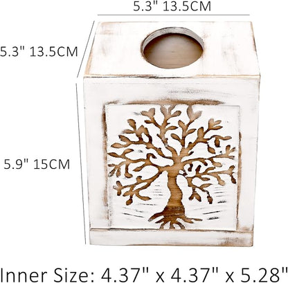 SwallowLiving Wooden Tissue Box Cover Square - Weighted Farmhouse Facial Tissue Holder with Sliding Bottom - Distressed White Tree of Life Dispenser for Bathroom Vanity, Bedroom & Living Room Decor