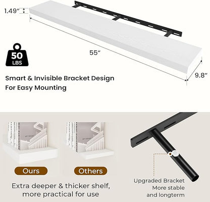 Dreamland 55 Inches Floating Shelves for Wall, 9.8" Deep Long Floating Shelves Set of 2, Large Display & Storage Shelf, Wall Shelf for Bathroom Bedroom Living Room Kitchen Office, White