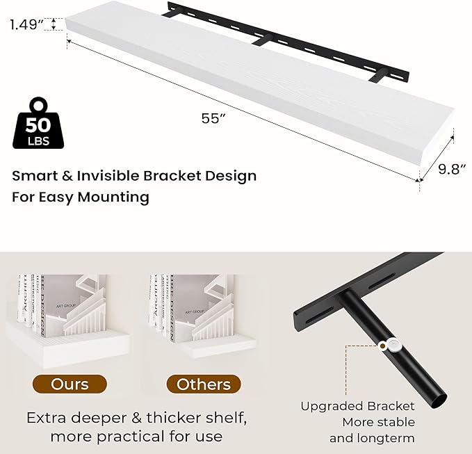 Dreamland 55 Inches Floating Shelves for Wall, 9.8" Deep Long Floating Shelves Set of 1, Large Display & Storage Shelf, Wall Shelf for Bathroom Bedroom Living Room Kitchen Office, White