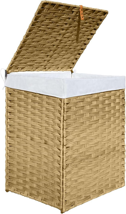 Woven Laundry Hamper with Lid,34 Gal(130 L) Rattan Wicker Laundry Basket 2 Sections with Lid, Removable Machine Washable Line, Large Clothes Hamper with Handles for Bathroom Bedroom, Yellow