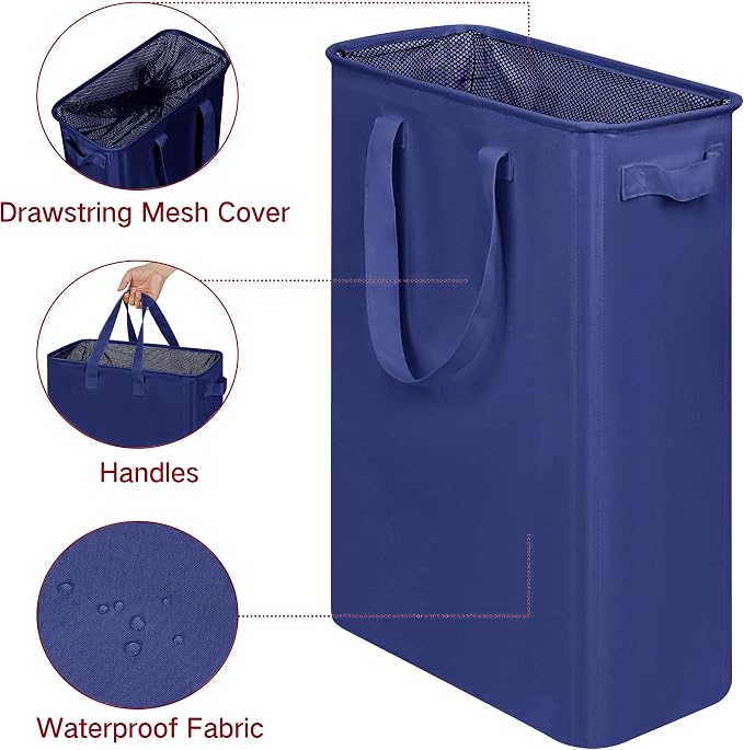 efluky Slim Laundry Basket, Narrow Laundry Hamper with Handles, Collapsible Dirty Clothes Hamper, Tall Laundry Bin for Laundry Room, Dorm and Bedroom, 12.7 Gallons(75L) Blue