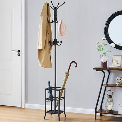 FAVOOSTY Coat Rack Freestanding,Coat Rack Stand with Umbrella Holder,Metal Coat Tree with 12 Hooks,Tree Clothes Hat for Entryway, Hallway, Bedroom, Living Room & Office -Black