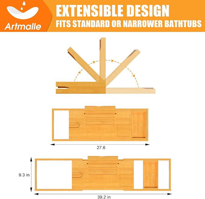 Artmalle Foldable Bathtub Tray for Tub, Bamboo Bathtub Caddy Tray Table with Book Stand for Luxury Bath, Bathroom Accessories for Women Men with Free Soap Dish (Semi-Simple, Natural) (Natural)