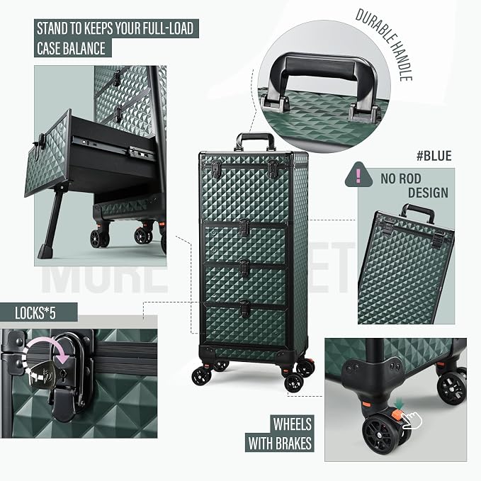 Yueieoun Nail Trolley Cart with 3 Drawers, Salon Station Cosmetology Case on Wheels Rolling Makeup Train Case Nail Case Organizer Beauty Salon Travel Case for Nailart,SPA,Hairstylist,Artist,Dark Green