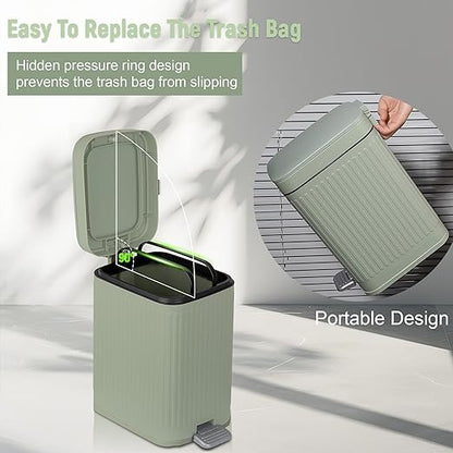 rejomiik Small Bathroom Trash Can with Lid Slim Soft Close Garbage Can Step Wastebasket Container Trash Bin for Office Bedroom Kitchen Living Room (1.9 Gallon Light Green)