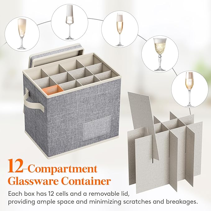 Lifewit 2 Pcs Champagne Flute Storage Box with Dividers, Stackable Cationic Hard Shell Stemware Containers with 24 Cells, Foldable Dustproof China Containers for Moving, Light Grey, 31 x21x28cm