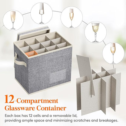 Lifewit 2 Pcs Champagne Flute Storage Box with Dividers, Stackable Cationic Hard Shell Stemware Containers with 24 Cells, Foldable Dustproof China Containers for Moving, Light Grey, 31 x21x28cm