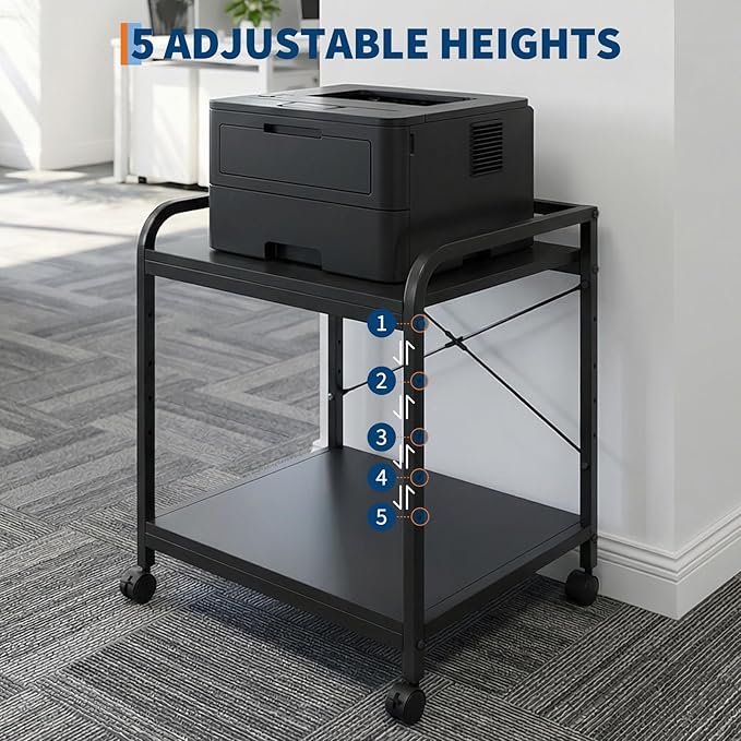 Garvee Under Desk Printer Stand, 2 Tier Printer Stand with Height Adjustable Storage Shelf, 20" Deep Large Rolling Printer Cart with Wheels for Home Office, Black