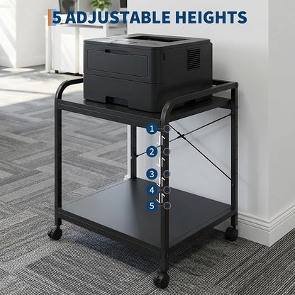 Garvee Under Desk Printer Stand, 2 Tier Printer Stand with Height Adjustable Storage Shelf, 20" Deep Large Rolling Printer Cart with Wheels for Home Office, Black
