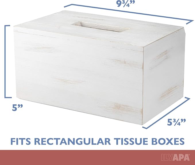 Ilyapa Wood Tissue Box Cover Rectangular - Rustic Farmhouse White Wooden Tissue Holder