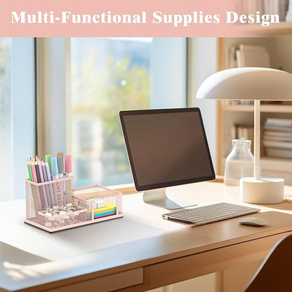 SUPEASY Mesh Pen Holder Desk Organizer, Office Supplies Pencil Storage with 3 Compartments, Office Desk Accessories and Workspace Organizers for Home School, Pink