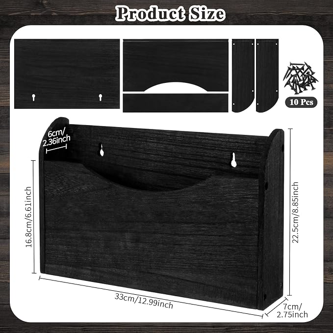 Suzile Wall Mounted File Holder Wood Magazine Holder Wall Hanging File Organizer for Office Mail Magazine Letter Paper Folder Organization (Black)