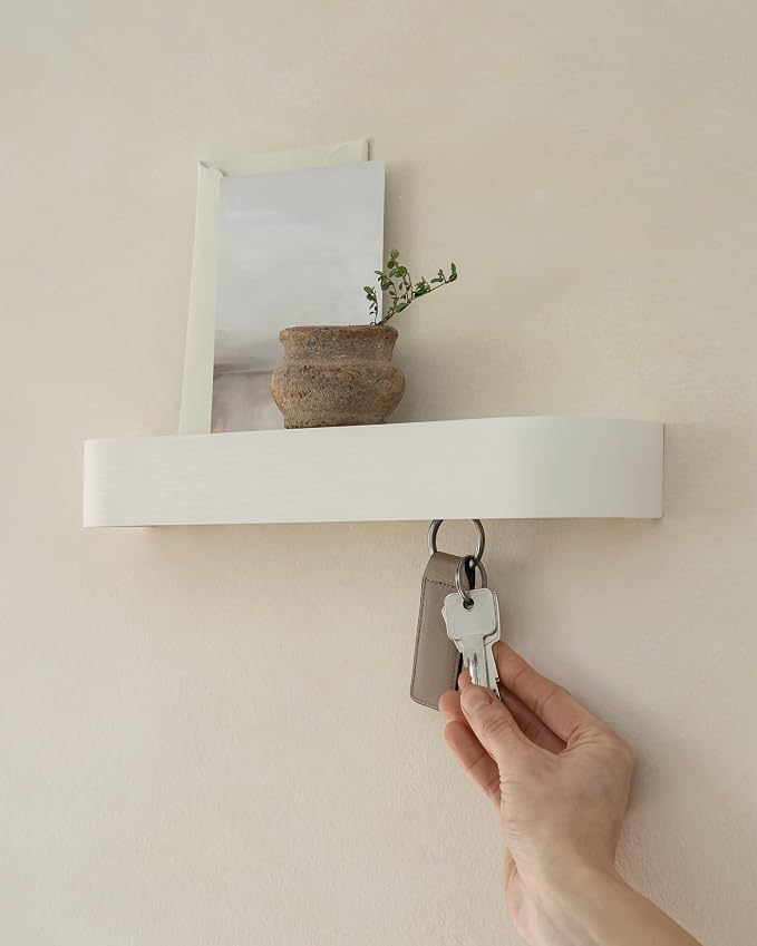 Kazai. Key Holder 'Toke' | Minimalist Key Hook Design from Berlin | Modern Key Holder Wall Mount with Wooden Shelf | Key Rack for Wall as Entryway Organizer | White